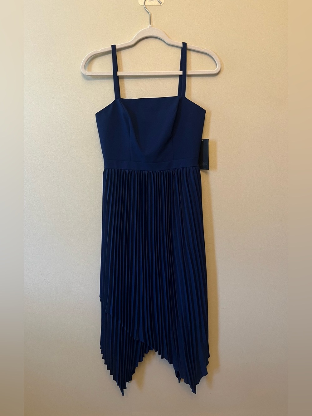 NWT $295 Aidan Mattox Asymmetrical Pleated Midi Dress Women's Size 2 Navy Blue